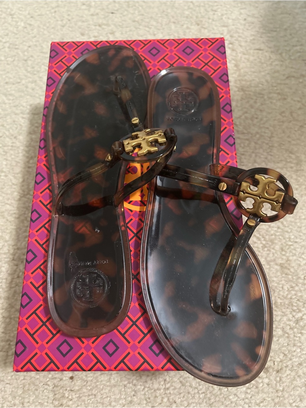 Tory Burch Tortoiseshell Jelly Thong Sandals with Gold Logo